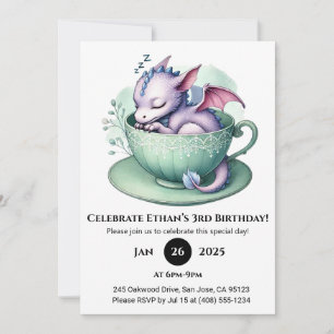 Sleepy Baby Dragon in Teacup Birthday Invitation