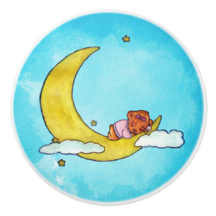 Sleepy Baby Girl Bear on Moon Ceramic Knob