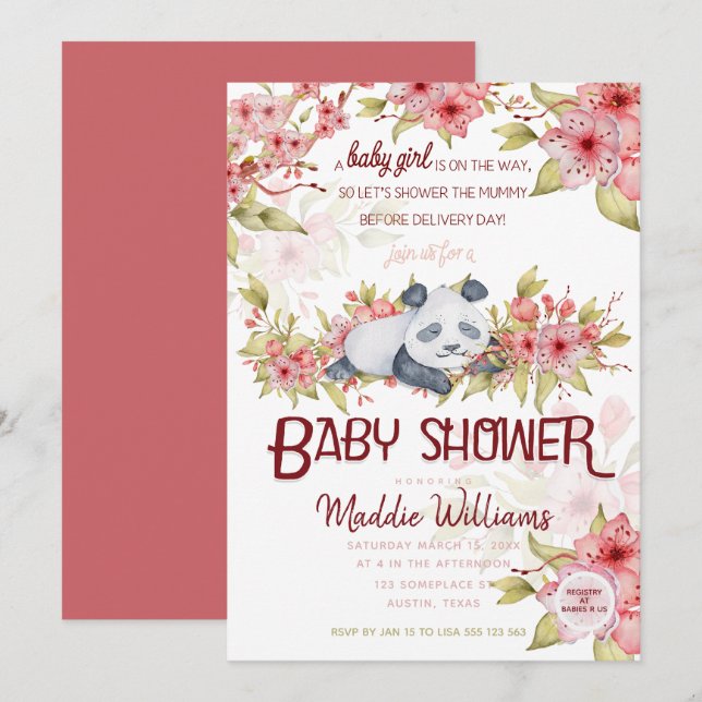 Sleepy Baby Panda Pink Cherry Blossom Baby Shower Invitation (Front/Back)