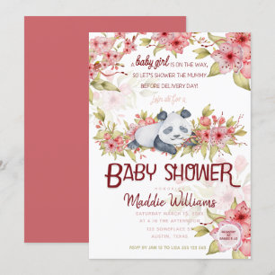 Sleepy Baby Panda Pink Cherry Blossom Baby Shower Invitation