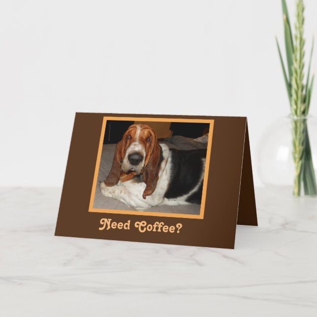Sleepy Basset on Funny Birthday Card w/Coffee Mug (Front)