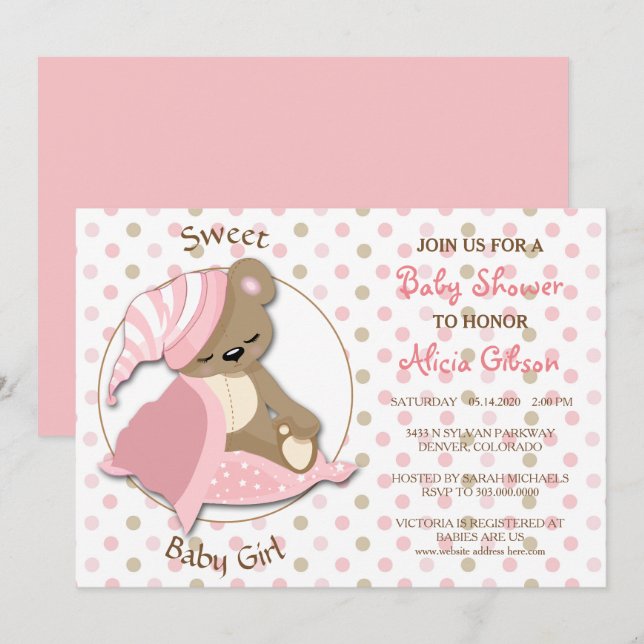 Sleepy Bear Baby Girl Shower Invitation (Front/Back)