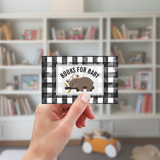 Sleepy Bear Cub Gingham Baby Shower Book Request Enclosure Card (Creator Uploaded)