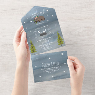 Sleepy Bear Cub Girl Baby Shower Diaper Raffle All In One Invitation