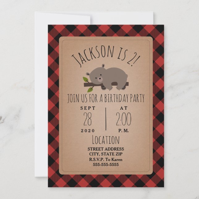 Sleepy Bear Cub Lumberjack Plaid Birthday Party Invitation (Front)