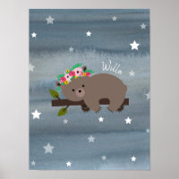 Sleepy Bear Cub Watercolor Floral Baby Nursery