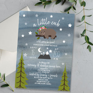Sleepy Bear Cub Watercolor Girl Baby Shower Invitation