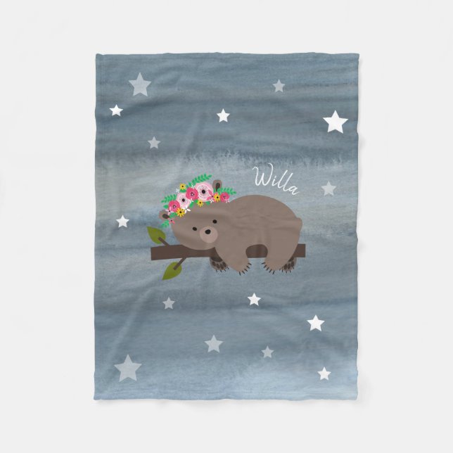 Sleepy Bear Floral Stars Girls Fleece Blanket (Front)