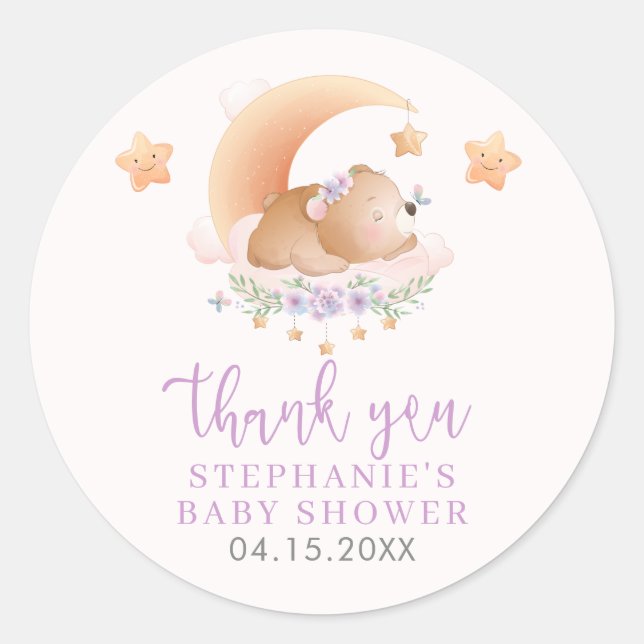 Sleepy Bear on Cloud Baby Girl Classic Round Sticker (Front)