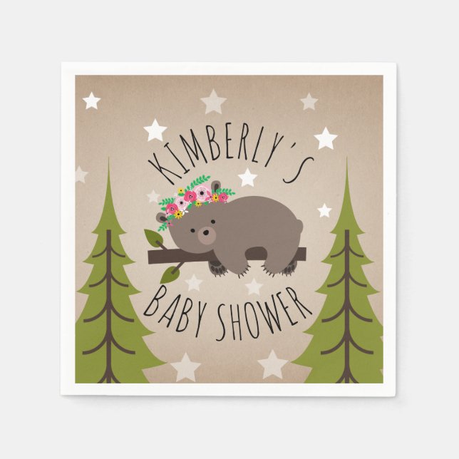 Sleepy Bear Stars + Trees Floral Baby Shower Napkin (Front)