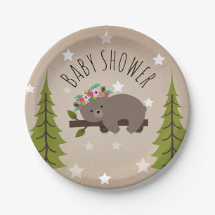 Sleepy Bear Stars + Trees floral Baby Shower Paper Plate