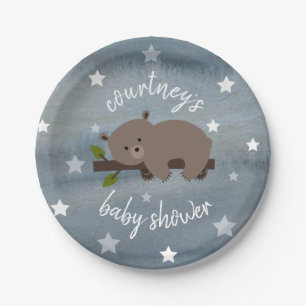 Sleepy Bear Stars Watercolor Baby Shower Paper Plate