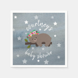 Sleepy Bear Stars + Watercolor Floral Baby Shower Napkin