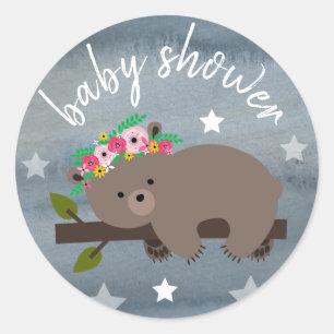 Sleepy Bear Stars Watercolor Girl Baby Shower Classic Round Sticker