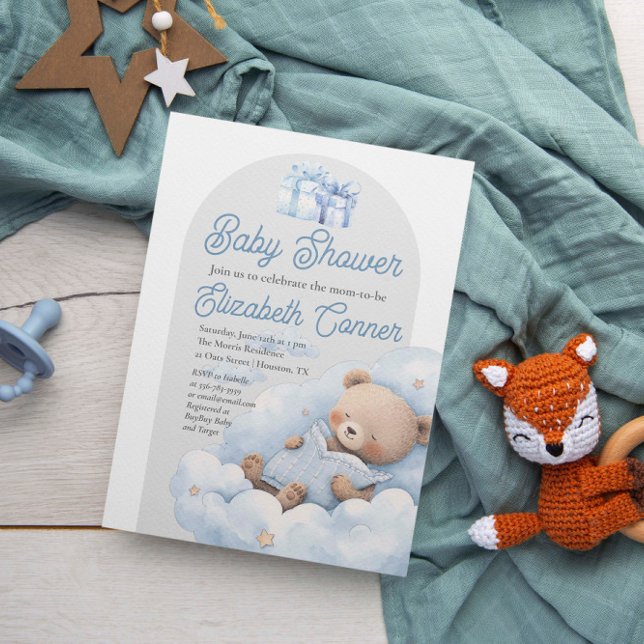 Sleepy Bear Watercolor Baby Boy Shower Invitation (Sleepy Bear Watercolor Baby Boy Shower Invitation)