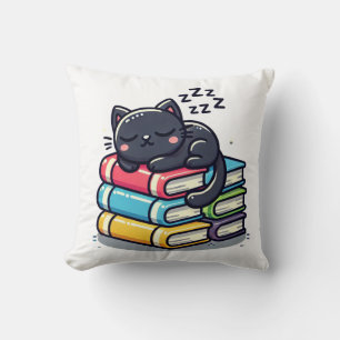 Sleepy Black Cat on Books – Cute Cartoon Cushion