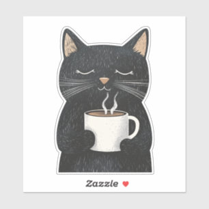 Sleepy Black Cat with a Cup of Coffee Boho