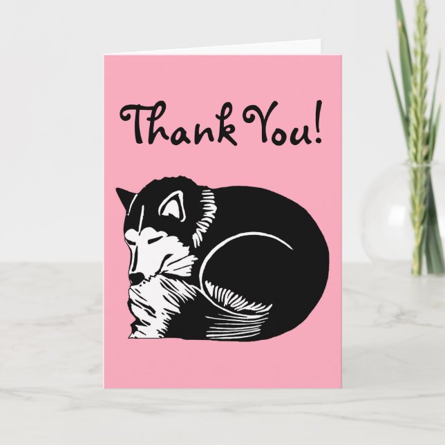 Sleepy Black White Husky Pink Thank You Card (Front)