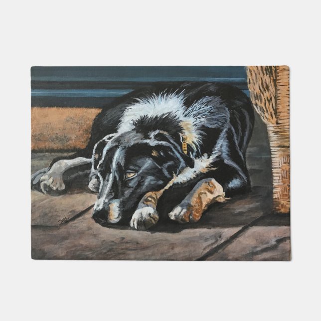 Sleepy Border Collie Door Mat (Front)
