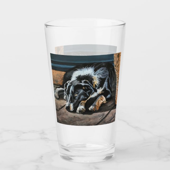 Sleepy Border Collie Glass Cup (Front)