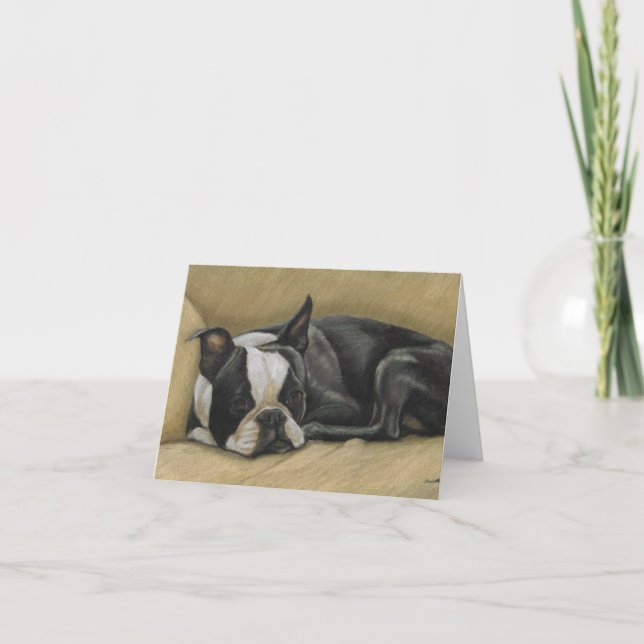 Sleepy Boston Terrier Dog Art Note Card (Front)