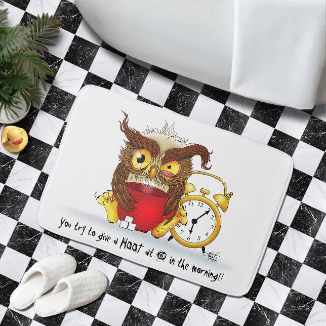 Sleepy Brown Cute Funny Owl Coffee Illustration Bath Mat (Creator Uploaded)