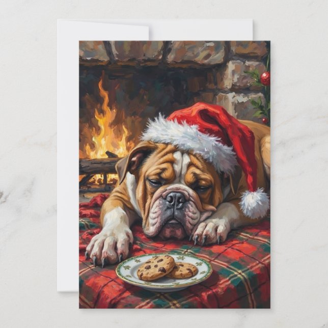 Sleepy Bulldog Dog Fast Asleep Santa Hat Christmas Holiday Card (Front)