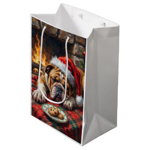 Sleepy Bulldog Dog Fast Asleep Santa Hat Christmas Medium Gift Bag