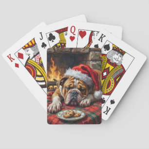 Sleepy Bulldog Dog Fast Asleep Santa Hat Christmas Playing Cards