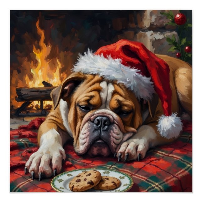 Sleepy Bulldog Dog Fast Asleep Santa Hat Christmas Poster (Front)