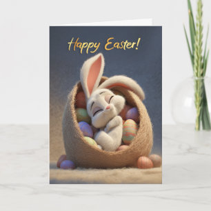 Sleepy Bunny in Easter Egg Basket Happy Easter Card