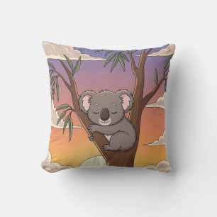 Sleepy Cartoon Koala on Tree at Sunset Cushion