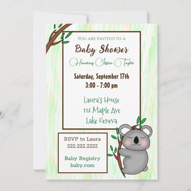 Sleepy Cartoon Koala Themed Baby Shower Invitation (Front)