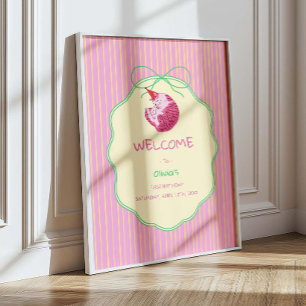 Sleepy Cat 1st Birthday Yellow Stripes Welcome Poster