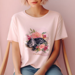 Sleepy Cat And Pink Flowers Girl's T-Shirt
