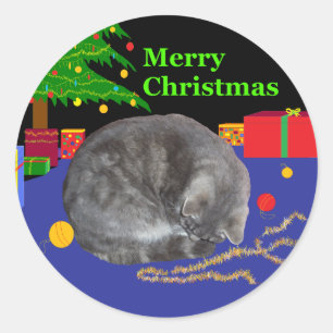 Sleepy cat Christmas-sticker Classic Round Sticker