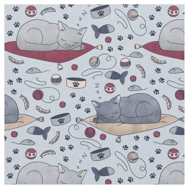 Sleepy Cat Dreams Pattern, Grey Fabric (Close Up)
