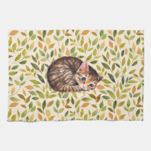 Sleepy cat, floral background tea towel