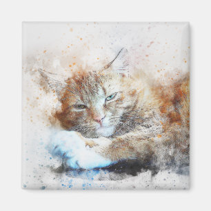 Sleepy Cat Girl Abstract Watercolor Magnet