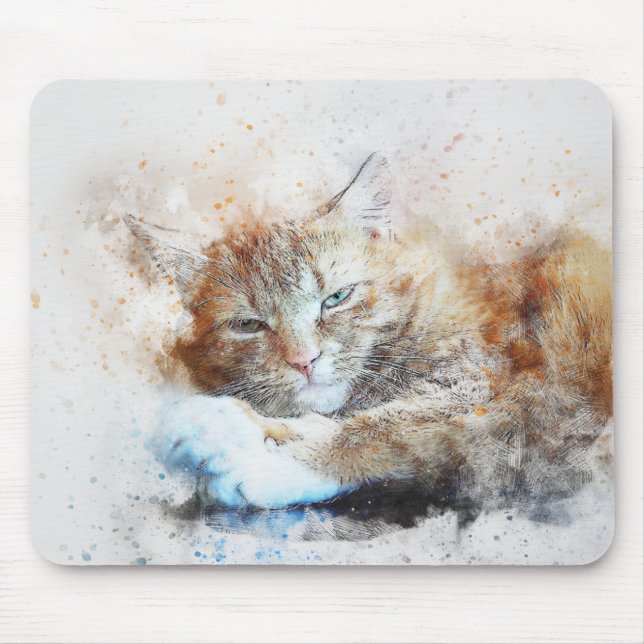 Sleepy Cat Girl | Abstract | Watercolor Mouse Mat (Front)