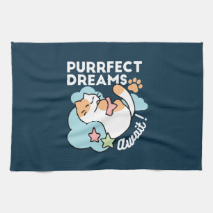 Sleepy Cat Hugging Star – Purrfect Dreams Cute Cat Tea Towel