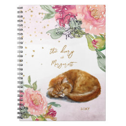 Sleepy Cat Illustration Flower Girl Daily Diary Notebook