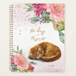 Sleepy Cat Illustration Flower Girl Daily Diary Planner