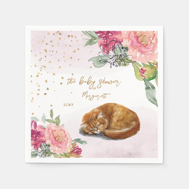 Sleepy Cat Illustration Girl Baby Shower Napkin (Front)