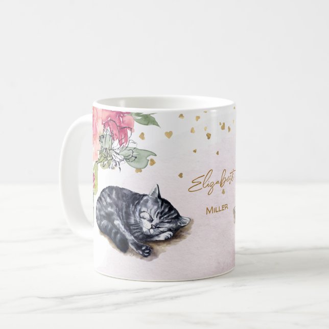 Sleepy Cat Illustration Gold Glitter Girl Custom Coffee Mug (Front Left)