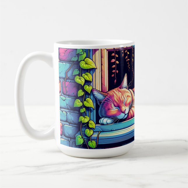 Sleepy Cat in Window Sill Ai Art Coffee Mug (Left)