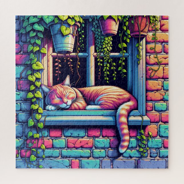 Sleepy Cat in Window Sill Ai Art Jigsaw Puzzle (Vertical)