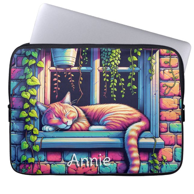 Sleepy Cat in Window Sill Ai Art Personalised Laptop Sleeve (Front)