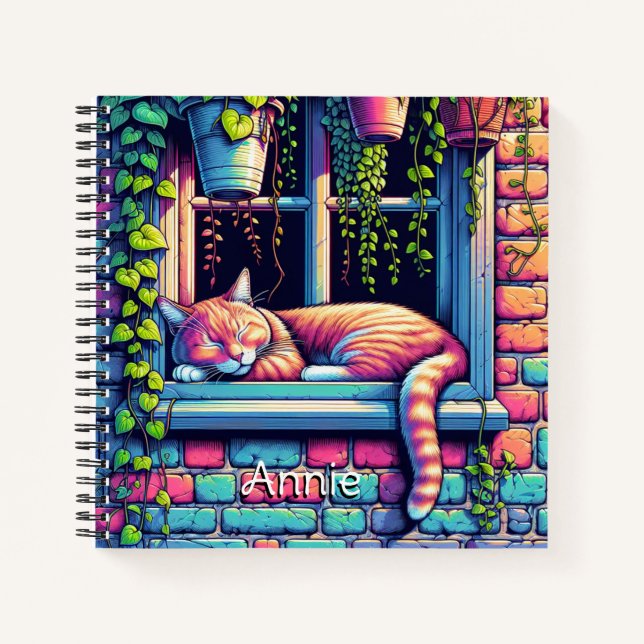 Sleepy Cat in Window Sill Ai Art Personalised Notebook (Front)