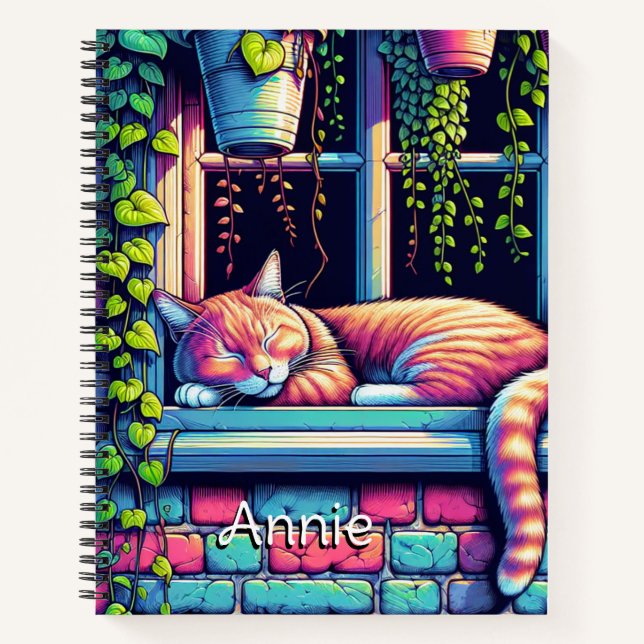 Sleepy Cat in Window Sill Ai Art Personalised Notebook (Front)